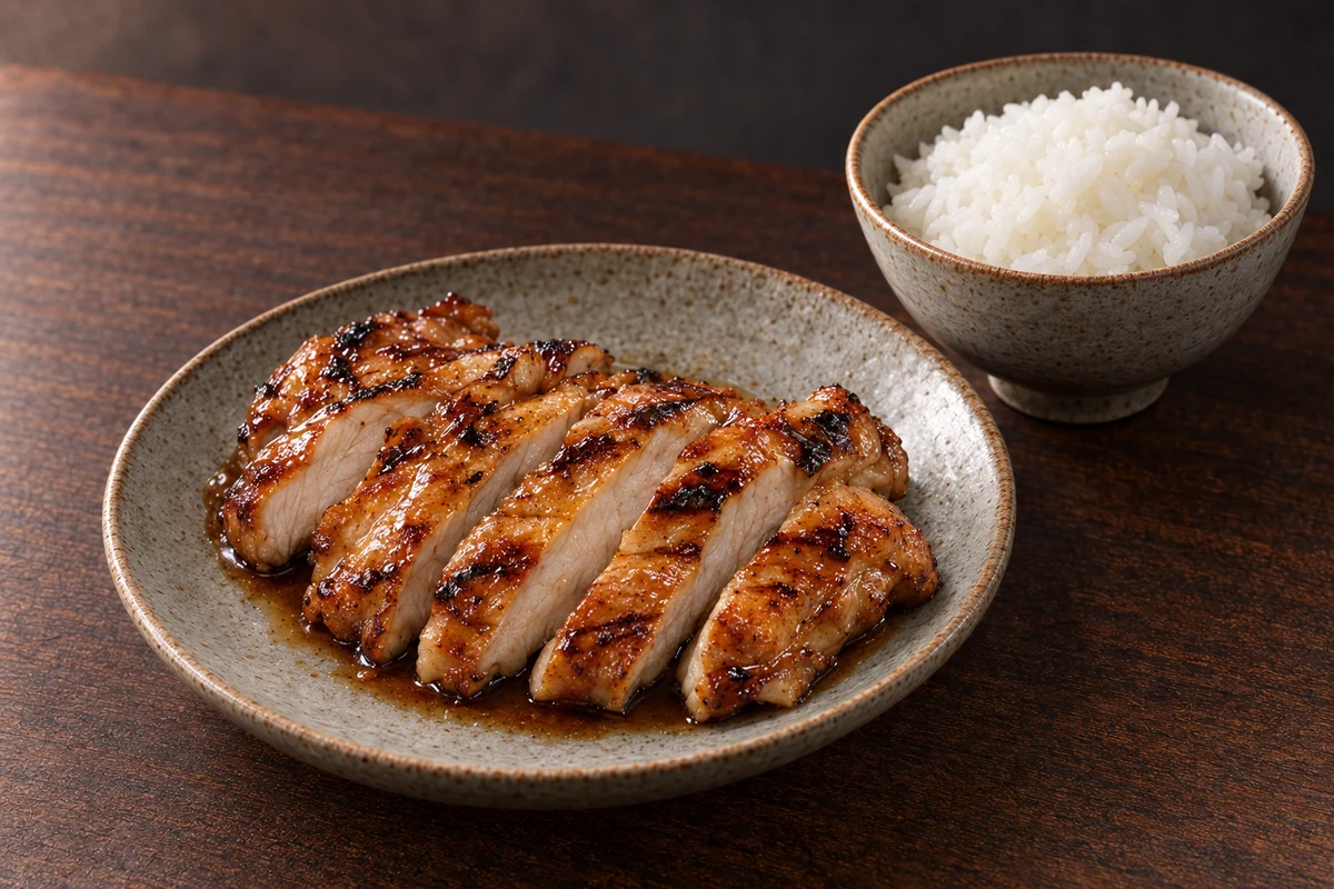 Illustrative chicken teriyaki with a side of white rice.