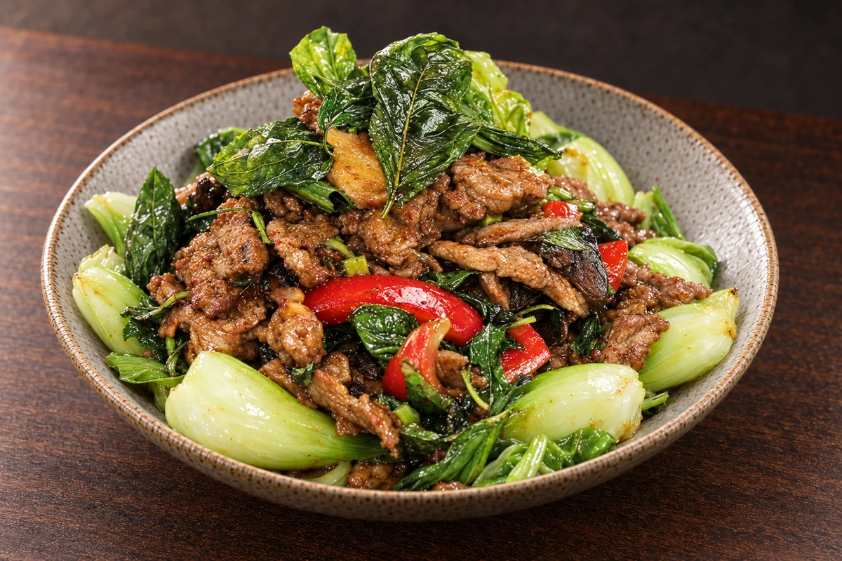 Illustrative basil steak with baby bok choy, based on the printed menu photograph.
