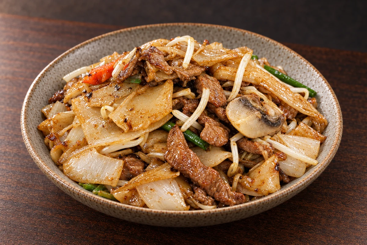 Illustrative flat noodles with vegetables, based on a restaurant gallery photograph.