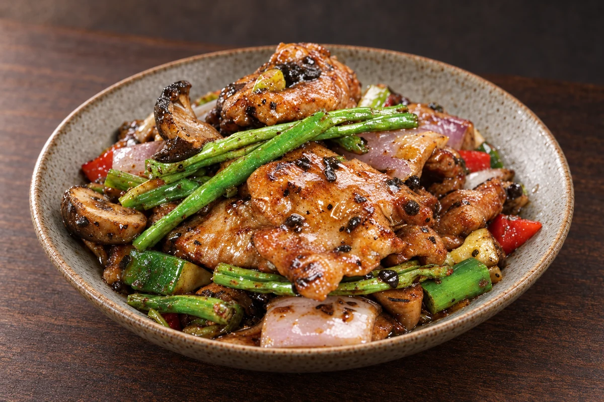 Illustrative asparagus and onion stir-fry, based on a restaurant gallery photograph.