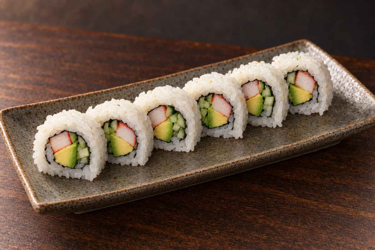 Illustrative California-style rolls with crab stick, avocado and cucumber.