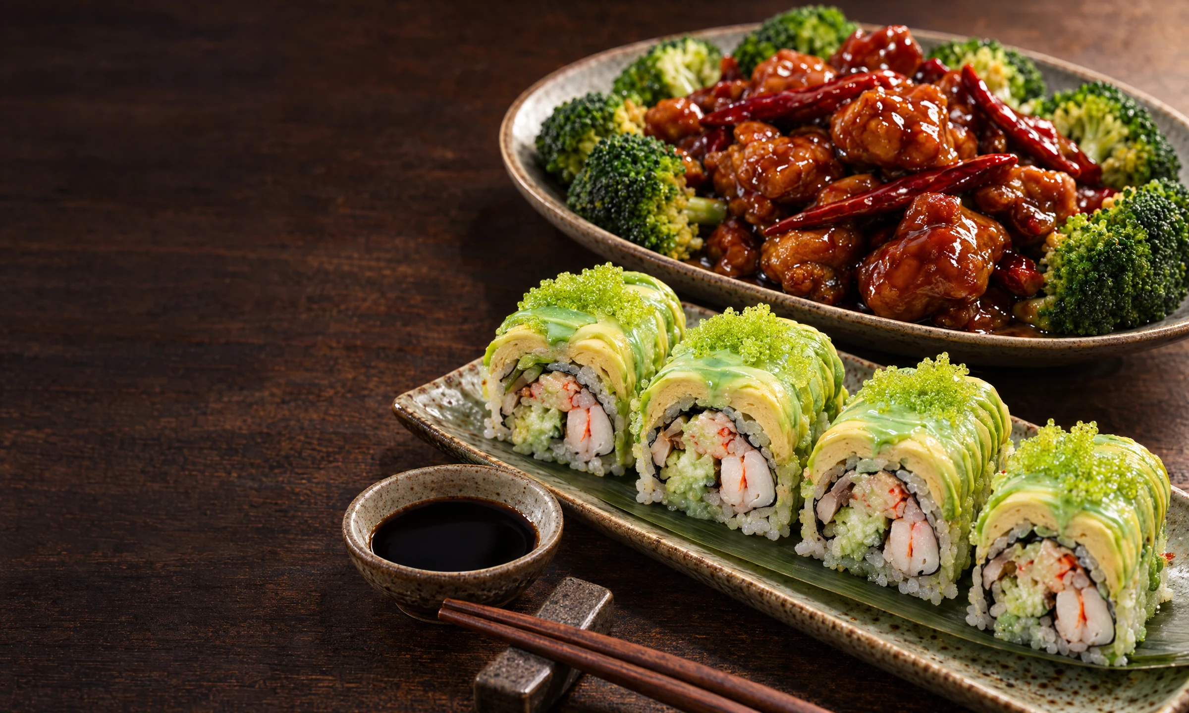 An illustrative Chinese and Japanese table with sushi and dishes from the kitchen