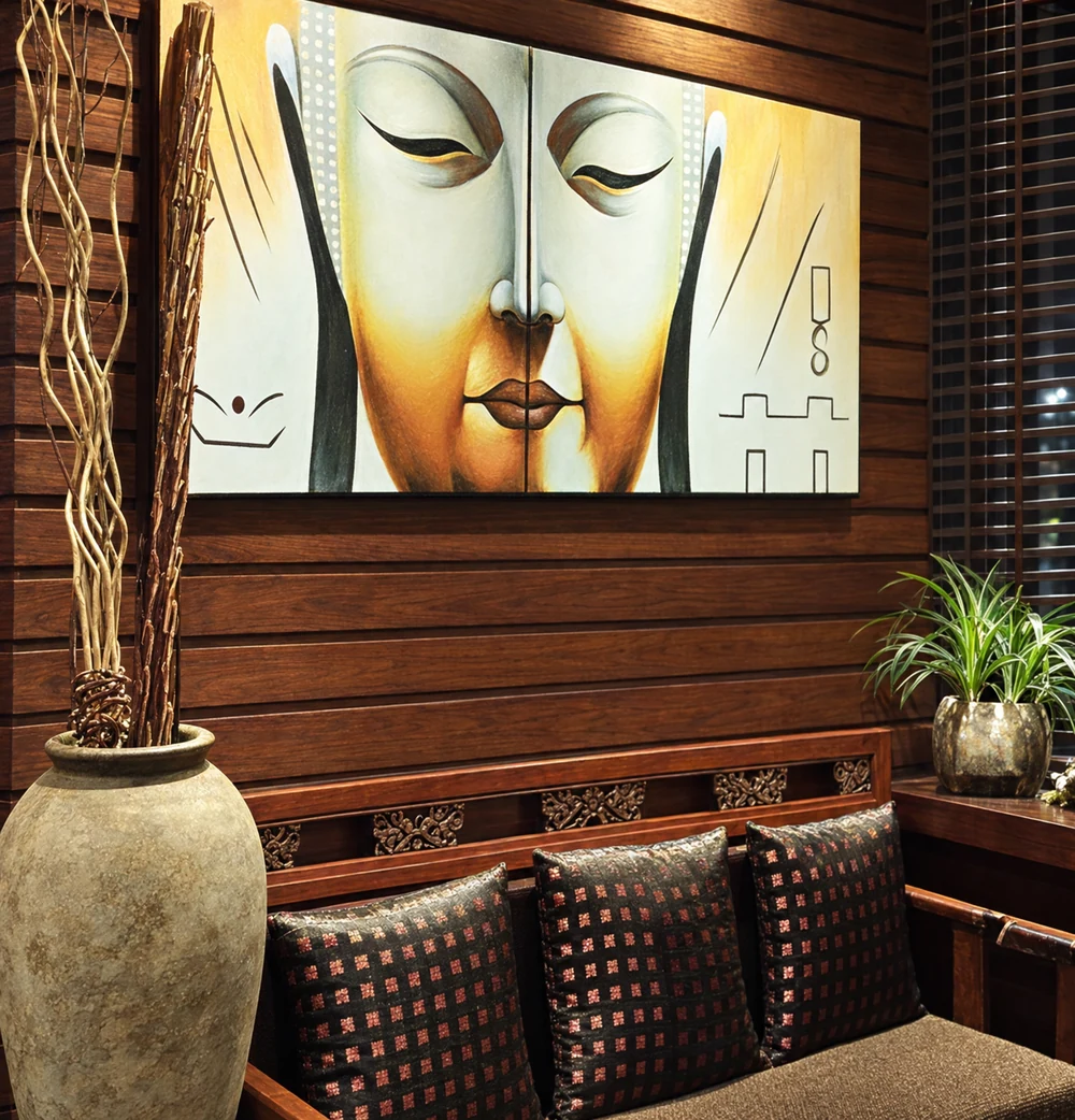 Fan Bistro’s dining-room artwork, wood-paneled wall, and upholstered seating; restored from the restaurant’s photograph