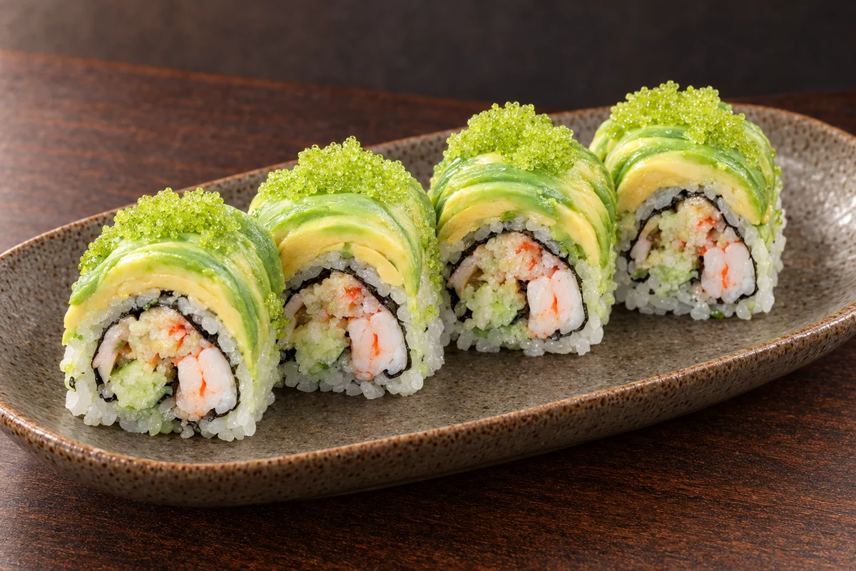 Illustrative avocado-topped sushi rolls, based on the restaurant gallery.