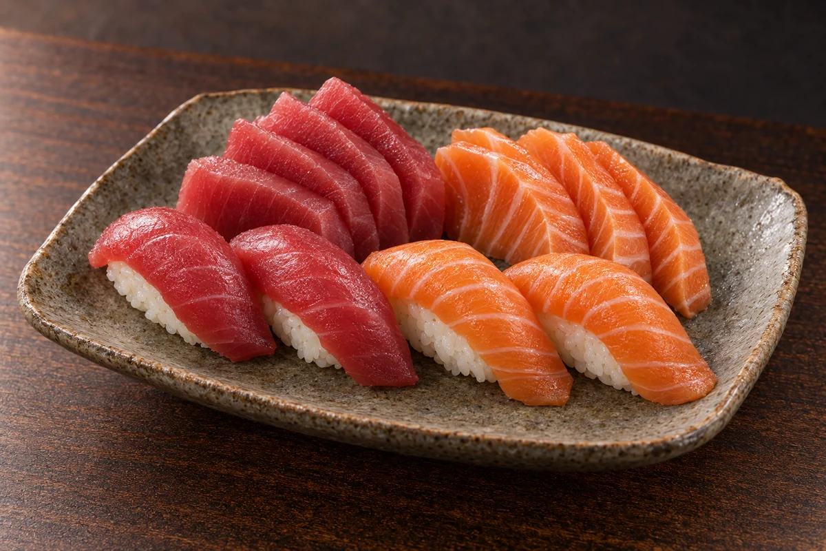 Illustrative tuna and salmon sushi and sashimi selection.